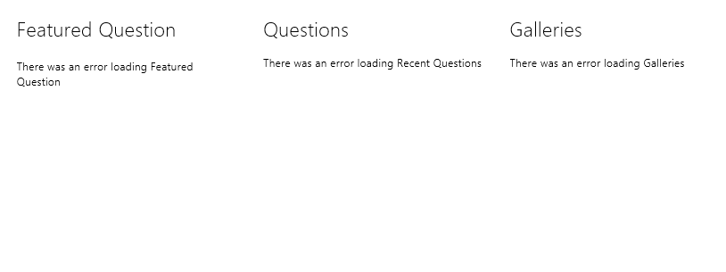 screenshot of the ChaCha app for Windows 8 loading no content within its three columnns of
	      the featured question, other questions and galleries