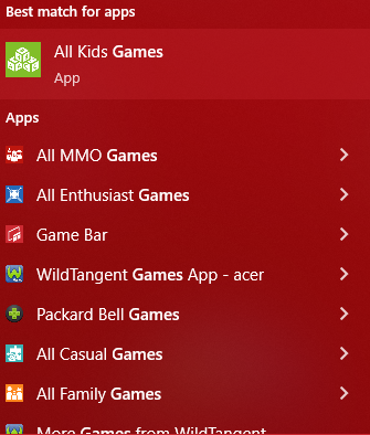 Windows Search listing multiple search results for games among installed apps, including multiple categories of games and both the Packard Bell and
	        WildTangent Games apps