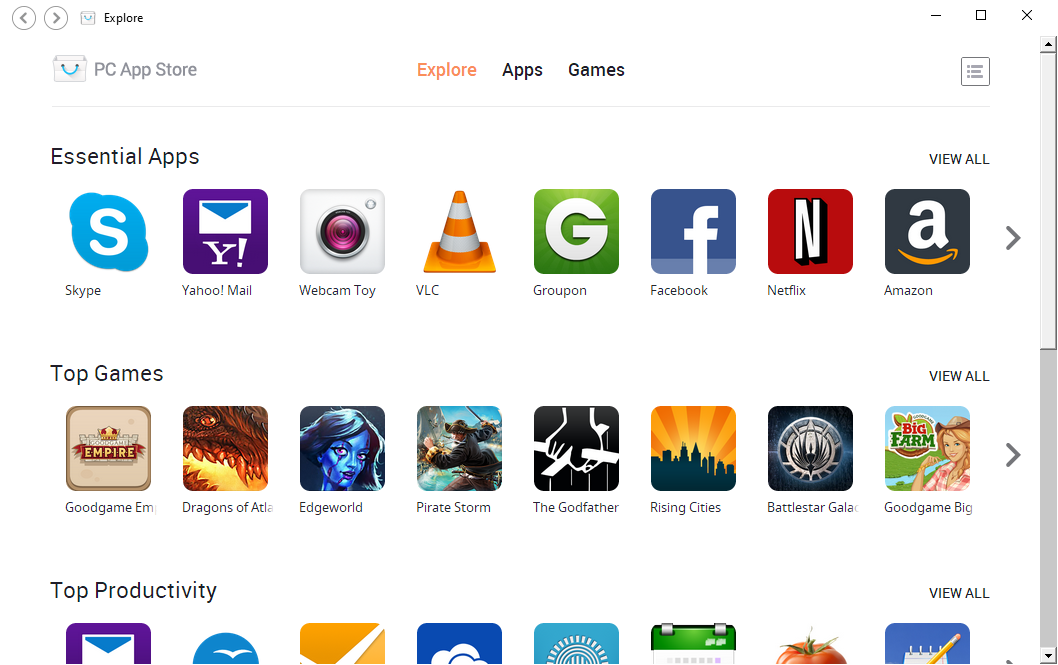screenshot of PC App Store with some apps and games listed